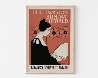 Impression d'affiche Art nouveau, couverture du Boston Sunday Herald, oeuvre d'art murale rouge