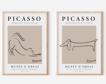 Picasso Art Print Set Of 2, Cat And Dog Line Art Poster Set, Beige And Black Minimalist Exhibition Prints, UNFRAMED