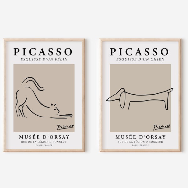 Picasso Art Print Set Of 2, Cat And Dog Line Art Poster Set, Beige And Black Minimalist Exhibition Prints, UNFRAMED