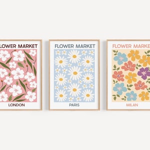 Flower Market Set, Abstract Floral Art Set Of 3, Gallery Wall Set, Milan Paris London Art Prints, UNFRAMED