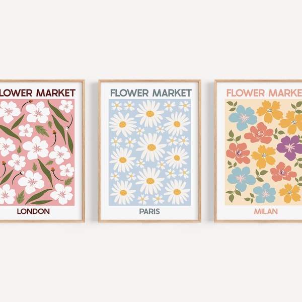 Flower Market Set, Abstract Floral Art Set Of 3, Gallery Wall Set, Milan Paris London Art Prints, UNFRAMED