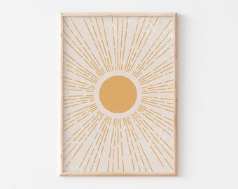 Boho Sunburst Art Print, Abstract Yellow Sunshine Poster