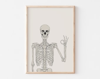 Op de afbeelding: Een zwart-witte lijntekening van een skelet dat een duim omhoog geeft. Het skelet staat in een neutrale houding met gestrekte armen. De achtergrond is lichtbeige.