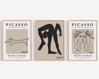 Picasso Print Set, Abstract Wall Art In Beige And Black, Exhibition Poster Gallery Wall Set Of 3, UNFRAMED