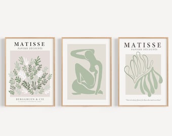Sage Green Print Set, Set Of 3 Matisse Posters, Exhibition Posters, Abstract Minimalist Modern Art Prints, UNFRAMED