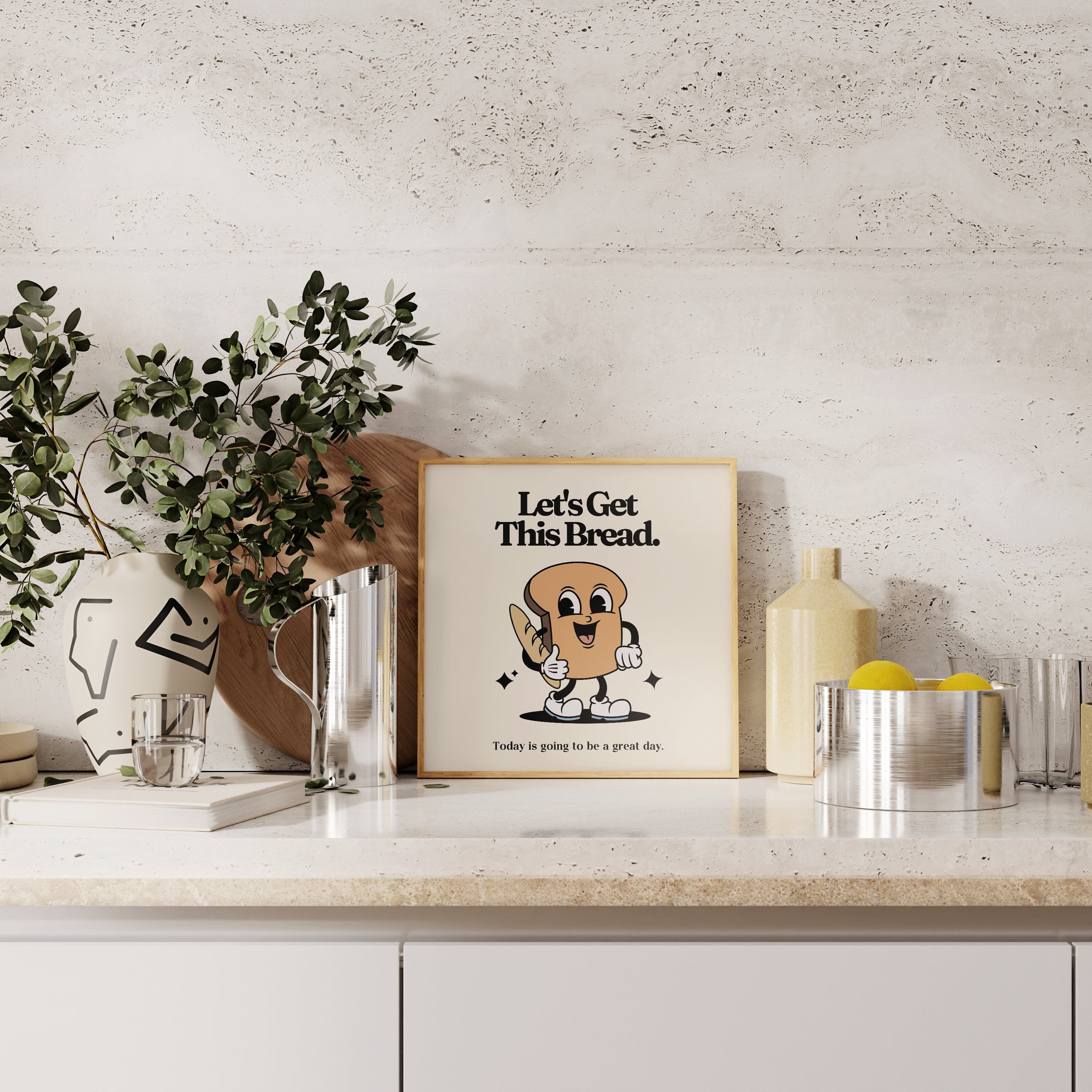 Retro Mascot PRINTABLE SQUARE Poster, Let's Get This Bread, Motivational Kitchen Wall Art, Vintage Home Office Decor, Digital Download