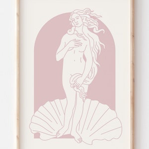 Peut inclure: Un dessin au trait de la Naissance de V&eacute;nus, un c&eacute;l&egrave;bre tableau de la Renaissance, dans un sch&eacute;ma de couleurs rose et blanc. La figure de V&eacute;nus est repr&eacute;sent&eacute;e debout sur un coquillage, ses cheveux flottant derri&egrave;re elle.