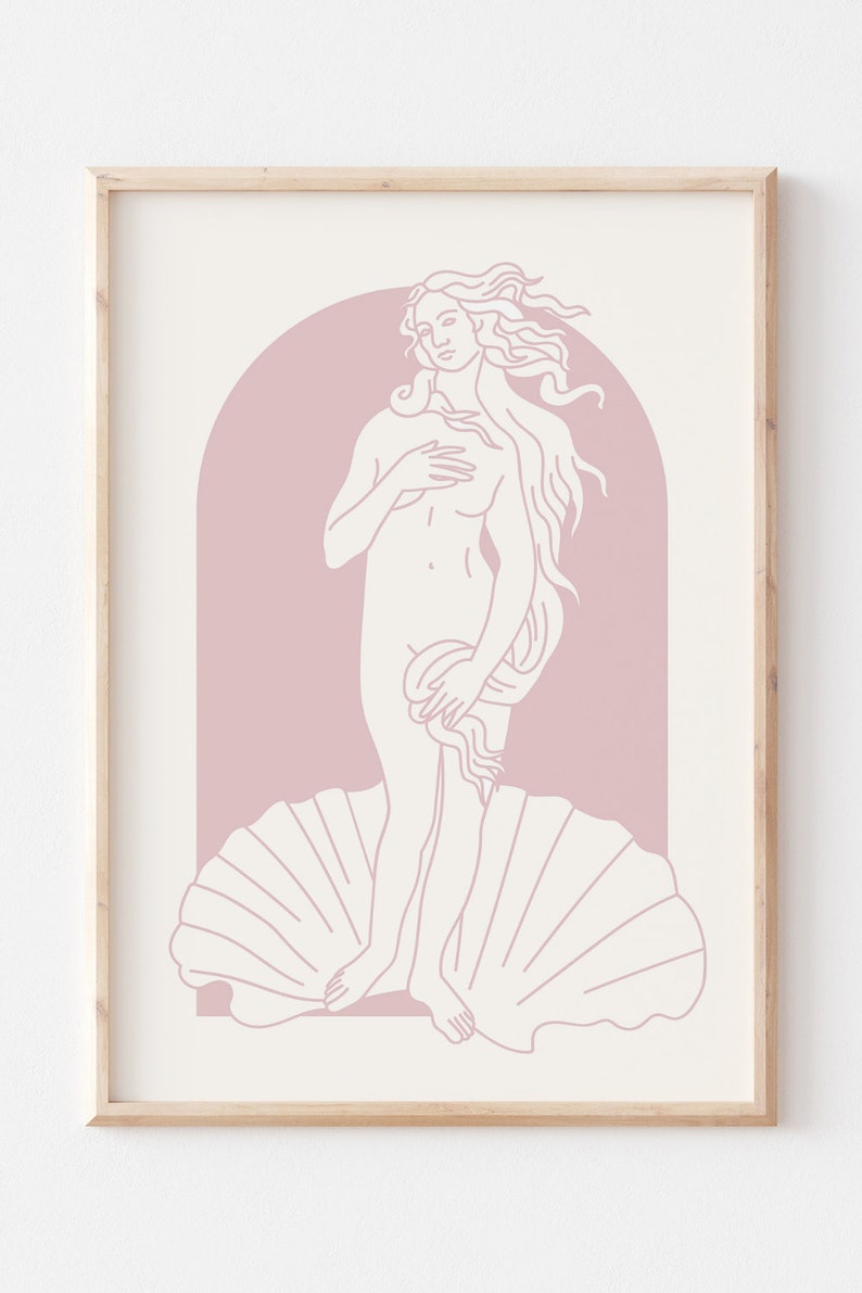 Peut inclure: Un dessin au trait de la Naissance de V&eacute;nus, un c&eacute;l&egrave;bre tableau de la Renaissance, dans un sch&eacute;ma de couleurs rose et blanc. La figure de V&eacute;nus est repr&eacute;sent&eacute;e debout sur un coquillage, ses cheveux flottant derri&egrave;re elle.