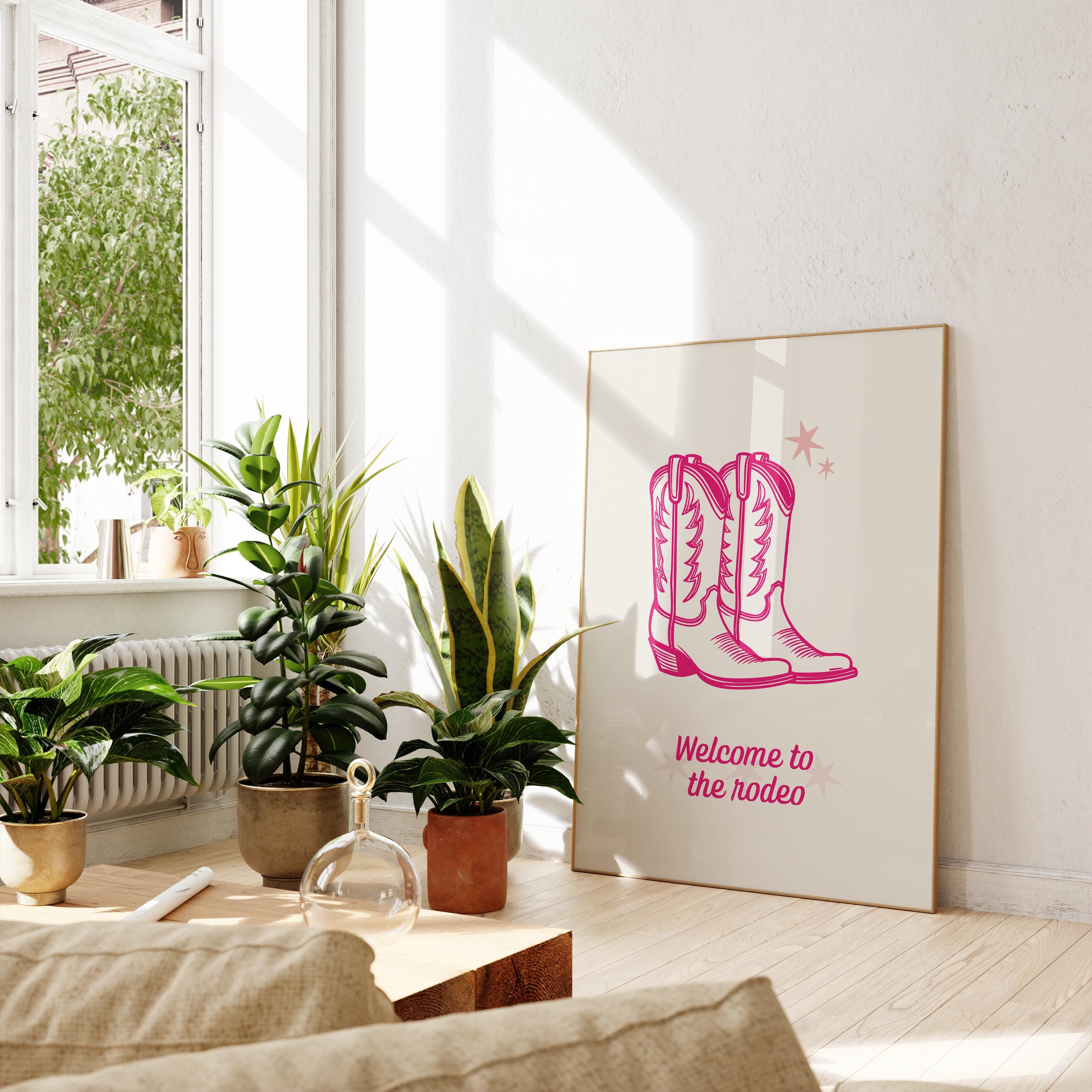 Poster artistico da parete con stivali da cowboy rosa, stile