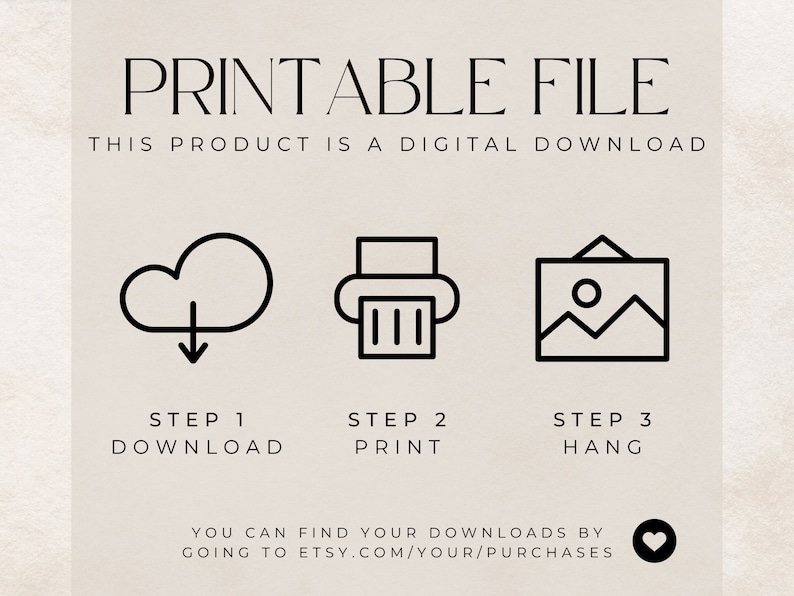 Pu&ograve; includere: Grafica di file stampabile con tre passaggi: scarica, stampa e appendi. La grafica include una nuvola con una freccia di download, una stampante e una cornice. Il testo "You can find your downloads by going to etsy.com/your/purchases" &egrave; sotto la grafica.