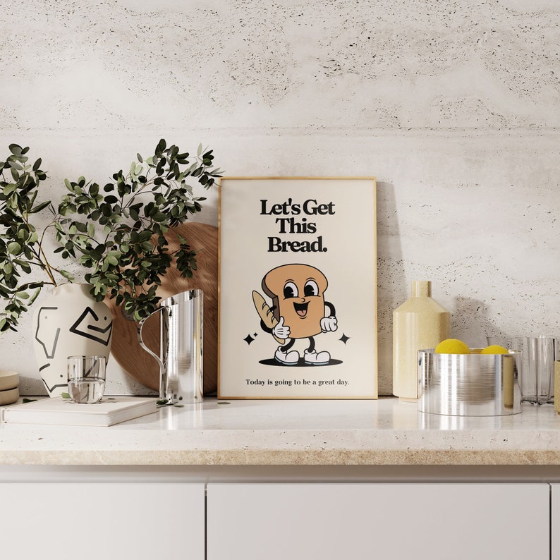 Retro Mascot Art PRINT, Let's Get This Bread, Motivational Kitchen Wall Art, Vintage Home Office Decor, UNFRAMED image 1