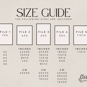 May include: A size guide for digital prints, showing different file sizes in inches and centimeters. The file sizes are labeled "File 1", "File 2", "File 3", "File 4", and "File 5".