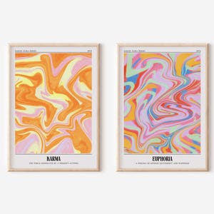 Arte de pared retro hippie de los años 70, impresiones abstractas de Karma & Euphoria, decoración colorida y elegante, carteles de la serie Liquid Aura, juego de 2 IMPRIMIBLES