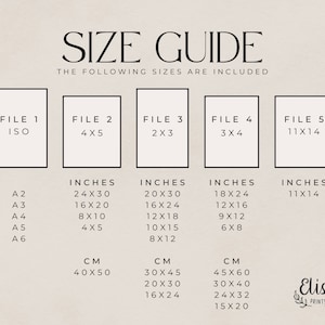 Pu&ograve; includere: Una guida alle dimensioni per le stampe digitali, che mostra diverse dimensioni di file in pollici e centimetri. Le dimensioni dei file sono etichettate come "File 1", "File 2", "File 3", "File 4" e "File 5".