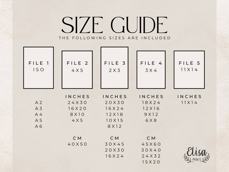 Pu&ograve; includere: Una guida alle dimensioni per le stampe digitali, che mostra diverse dimensioni di file in pollici e centimetri. Le dimensioni dei file sono etichettate come "File 1", "File 2", "File 3", "File 4" e "File 5".