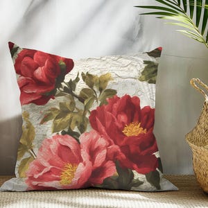 Vintage Red Rose Throw Pillow – Textured Floral Cushion Cover, Romantic Botanical Decor, Shabby Chic Garden-Inspired Accent Pillow