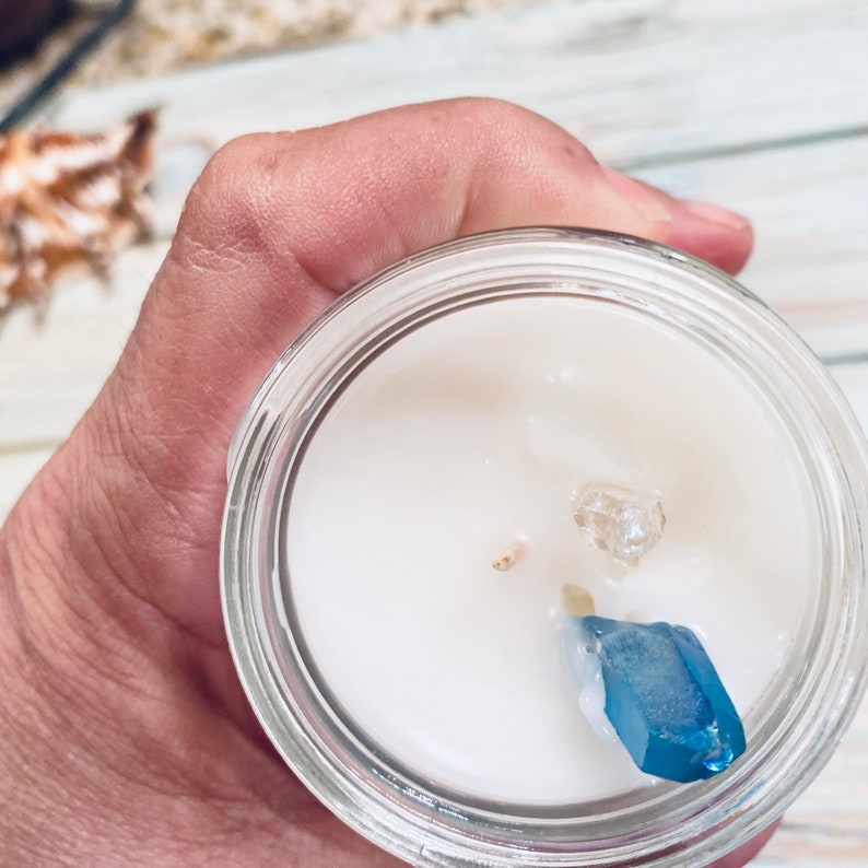 Treasures In Every Candle Coconut Candle And Crystals Scented Candle Salty Summers Money 8 oz Jar By The B Shore