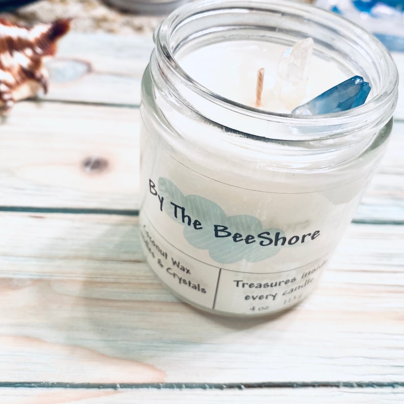 Treasures In Every Candle Coconut Candle And Crystals Scented Candle Salty Summers Money 8 oz Jar By The B Shore