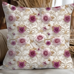 3D Look Rose Floral Pillow | Elegant Pink & Gold Baroque Cushion | Romantic Luxe Decor | Vintage Ornate Accent for Sofa or Bedroom Throw
