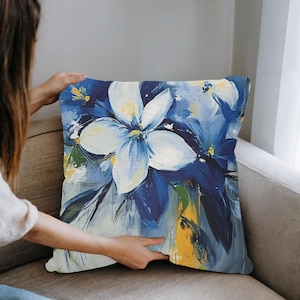 Blue & White Floral Throw Pillow | Modern Hand-Painted Cushion | Abstract Outdoor Decor | Artistic Botanical Accent Pillow for Patio or Sofa