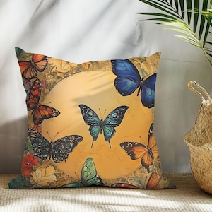 Butterfly Glow Throw Pillow | Colorful Boho Cushion with Golden Sun | Whimsical Nature Decor | Vibrant Garden Accent Pillow