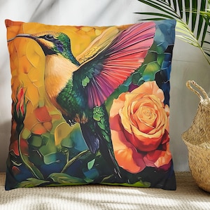 Colorful Hummingbird Throw Pillow | Stained Glass Style Bird & Rose Cushion | Vibrant Nature-Inspired Decor | Artistic Garden Accent Pillow