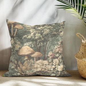 Enchanted Woodland Pillow | Vintage Forest with Mushrooms, Wildflowers & Trees | Cottagecore Decor | Nature Lover’s Botanical Throw Pillow