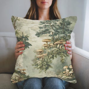 Mushroom Forest Throw Pillow – Enchanted Woodland Cushion Cover with Vintage Trees and Fungi, Cottagecore Nature Decor Accent
