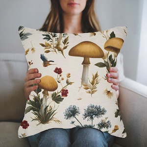 Mushroom Botanical Throw Pillow | Cottagecore Fungi & Wildflower Cushion | Whimsical Nature Decor | Woodland Fairycore Accent Pillow