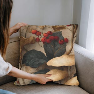 Vintage Botanical Mushroom Pillow | Autumn Forest Fungi and Berry | Cottagecore Decorative Cushion | Woodland Nature-Inspired Accent Pillow
