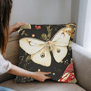 Luna Moth & Mushroom Throw Pillow | Dark Forest Fungi Cushion | Mystical Boho Woodland Decor | Nature-Inspired Cottagecore Accent Pillow