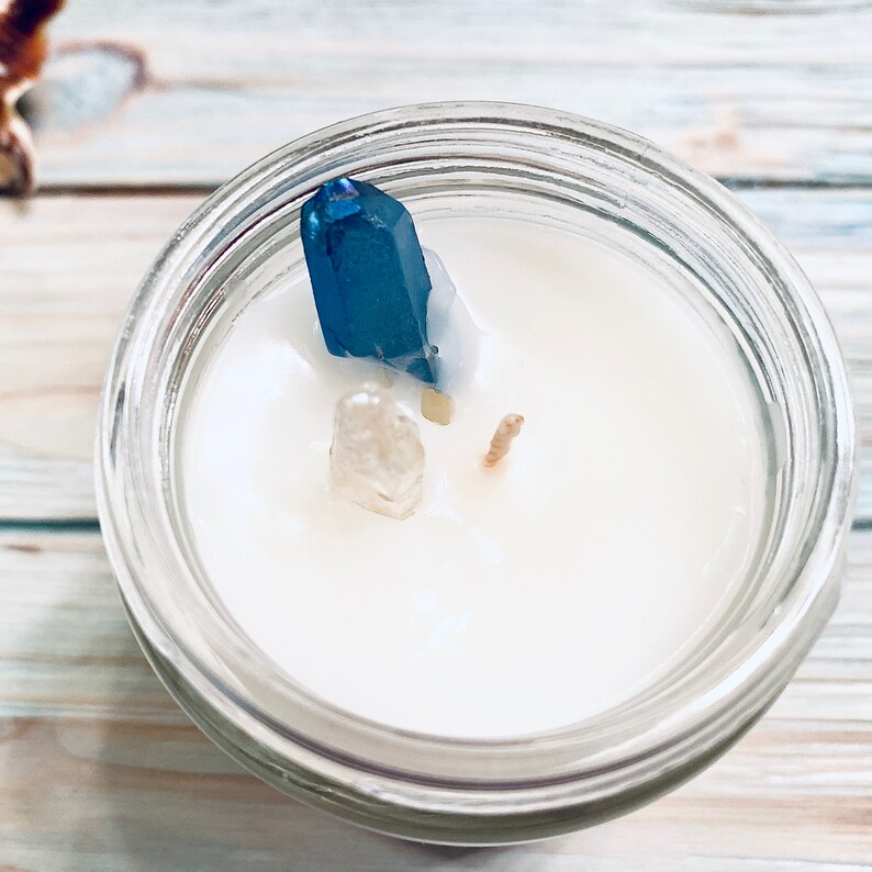 Treasures In Every Candle Coconut Candle And Crystals Scented Candle Salty Summers Money 8 oz Jar By The B Shore