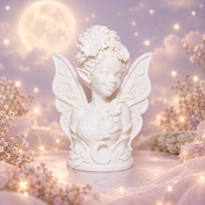 May include: A white matte sculpture of a fairy bust featuring a figure with pointed ears, a floral crown, and large wings. The base is decorated with leaf motifs and a crescent moon shape. The figure has a gentle smile and closed eyes.