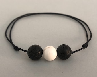 Man Bracelet with 2 black lava and 1 white howlite beads on a Nylon string Essential oil lava bead Diffuser bracelet Aromatherapy jewelry