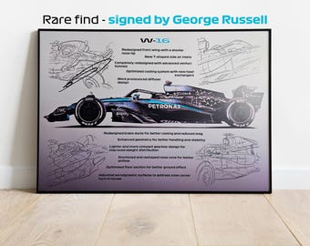 Signed George Russell W16 Mercedes Technical Drawing – A4 F1 Art by KDDrawings | 2025 Formula 1 Blueprint Poster | Motorsport Gift