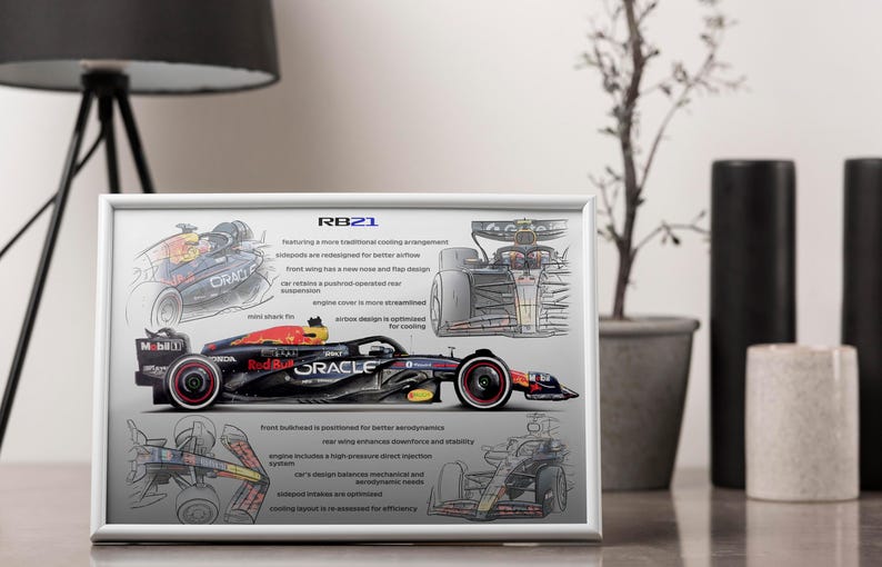 May include: A framed illustration of a Formula 1 race car, the Red Bull Racing RB21, with technical details and design features highlighted. The car is black and red with the Oracle logo on the side. The text "RB21" is at the top of the frame.