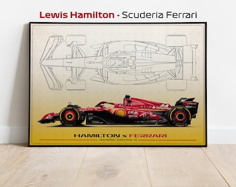 Könnte beinhalten: Ein rotes und schwarzes Formel-1-Rennwagen mit dem Text "Hamilton x Ferrari" und "Lewis Hamilton - Scuderia Ferrari - 64" auf gelbem Hintergrund. Eine schwarz-weiße Umrisszeichnung des Wagens ist über dem roten und schwarzen Wagen dargestellt.