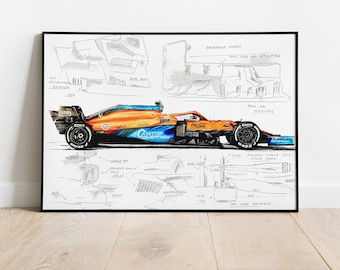 Può includere: Un'auto da corsa di Formula 1 nera e arancione con le parole "A Better Tomorrow" sul lato. L'auto è circondata da schizzi fatti a mano delle sue caratteristiche di design, tra cui l'ala posteriore, il cofano del motore e il pavimento.