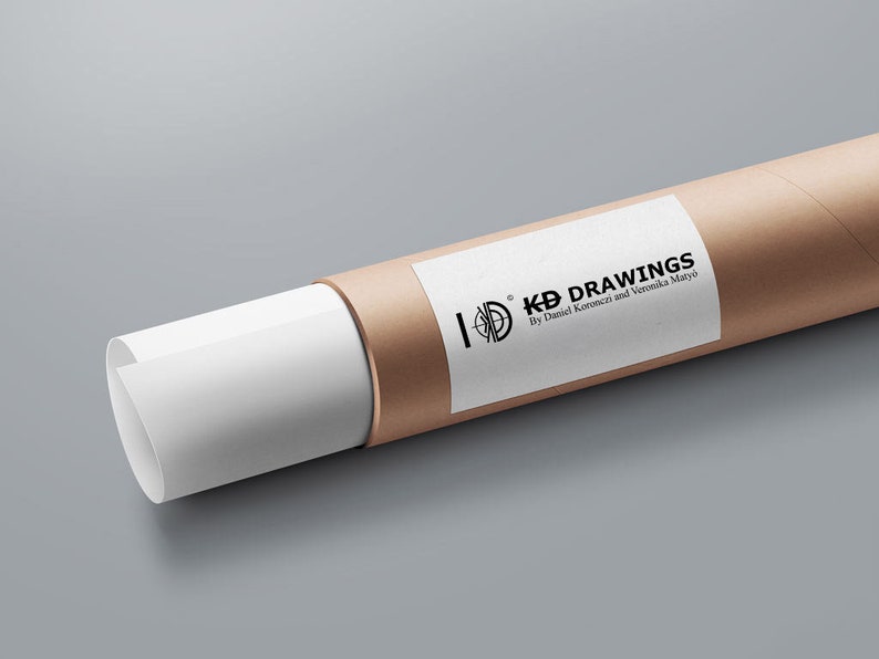 May include: A rolled-up print in a brown cardboard tube with a white label that says "KD DRAWINGS By Daniel Koroncza and Veronika Maryo"