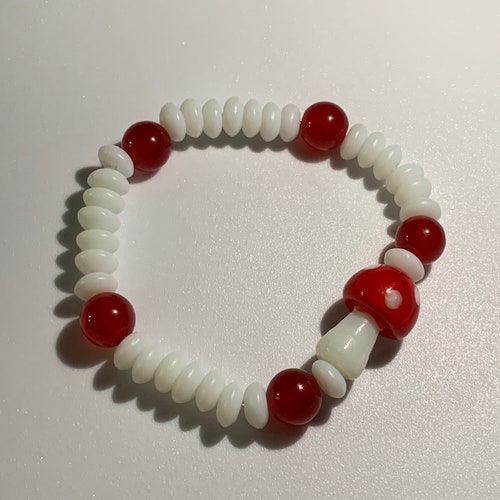 Handmade Beaded Red and White Mushroom Bracelet