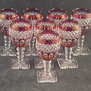 Set of 8, Westmoreland, Waterford No. 1932, Ruby/Clear, 4 3/8” Wine Stems, made 1950-81