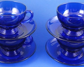 Set of 4, Moondrops, Cobalt Blue, Cup and Saucer Sets, made by New Martinsville Glass Co., 1932-42