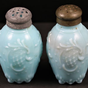 Opaque Blue Milk Glass, Salt & Pepper Shakers, with Scroll Design, made early 1900's