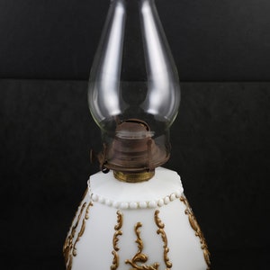 Milk Glass with Gold Trim, Oil Lamp, 14.5 Inches Tall