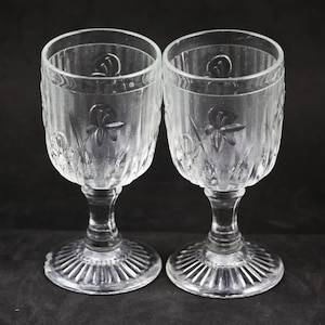 Set of 2, Jeannette, Iris and Herringbone, 3 oz. Wine Goblets, made 1928-32