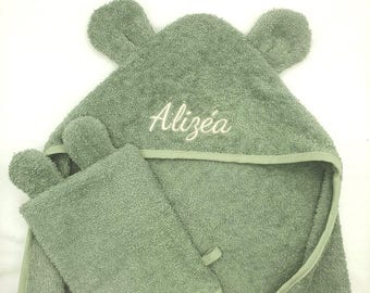 Cape de bain personnalisée en coton éponge/Gant de toilette/Cadeau de naissance brodé/Nombreux coloris au choix