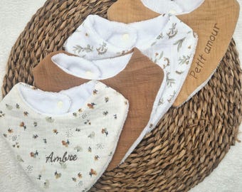 Embroidered baby bib/Bamboo and cotton gauze/Personalized bandana bib/Baby gift/Many colors to choose from