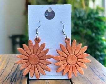 Sunflower  Embossed Leather Earrings, Orange Sunflower  Leather Earrings, Flower Leather  Earrings, Lightweight Earrings,4144