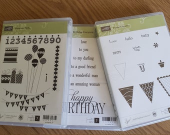 Stampin' Up! RETIRED, "Patterned Party", "Big Day" "Hello", "Party Pants","Happy Birthday, Everyone", Red Rubber, Cling Mount, Stamp Sets