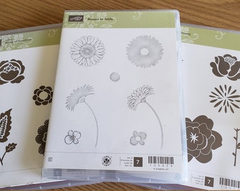 Stampin' Up! RETIRED, "Array of Sunshine", "Reason to smile", "Simple Stems", Red Rubber, Cling Mount, Stamp Sets